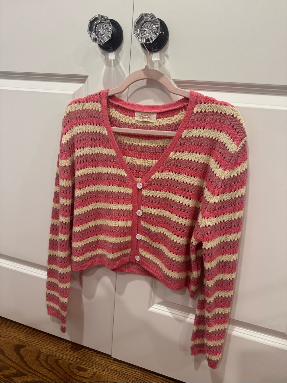 Listicle Pink and Cream Striped Open-Stitch Button Cardigan